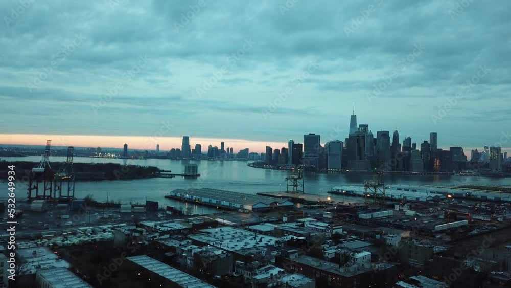 cool blue NYC skyline aerial pov  