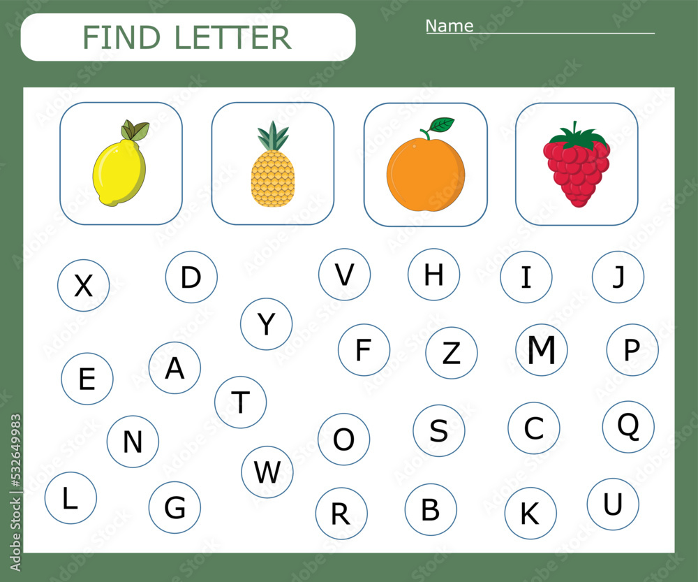 Find the first letter and match with the picture, a game for kids to learn the alphabet. Worksheet for printing. Educational game for children. Find the first letter and match with the picture, a game for kids to learn the alphabet. Worksheet for printing. Educational game for children.