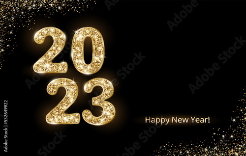 2023 sparkling golden glitter numbers on dark background. Happy new year banner. Gold glitter dust frame. Vector decoration. For Christmas and holiday cards, party posters.