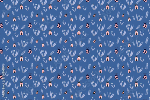 Seamless ladybug pattern decoration with insects and flower icons. Endless floral pattern design on a blue background. Abstract insects pattern vector for gift cards, backgrounds, and bed sheets.