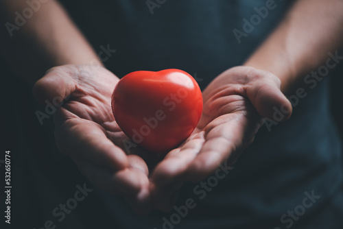 Fototapeta Naklejka Na Ścianę i Meble -  Hands holding and giving red heart for love, health care, organ donation, world heart day, world health day, mindfulness, well being, family insurance concept.
