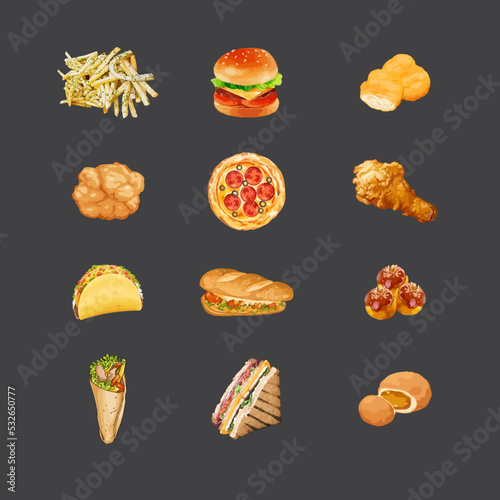 Set of fast food doodle in watercolor style vector illustration