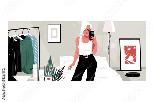 Young woman beauty blogger take selfie in mirror