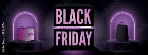 Black friday discount offer wide vector banner. Year biggest sale, traditional shopping event. Stylish neon light box with podium neon arcs and shopping bags for seasonal clearance poster design