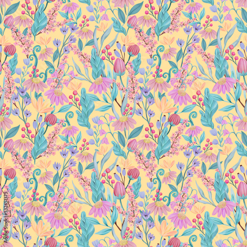 seamless watercolor background mix colorful floral flower and leaves with line art used for background texture, wrapping paper, textile or wallpaper design