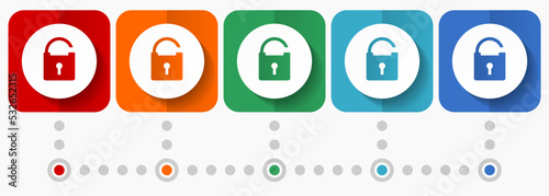 Padlock, security vector icons, infographic template, set of flat design symbols in 5 color options