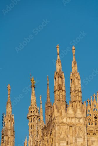 Architectural details with the exterior of the Milan Duomo