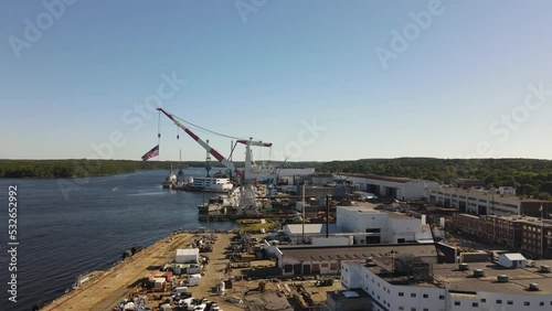 Aerial ascent at the Bath Iron Works Shipyard, US Government Destroyer Building site.  Drone panoramic photo