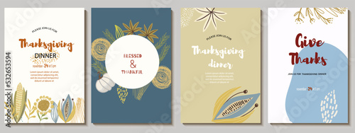 Set of invitations, menu, card design with abstract flowers, buds, fruits, spots, corn, autumn palette. Suitable for Thanksgiving dinner or fall birthday. wedding ceremony, vector illustration.