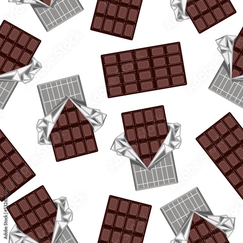 Seamless pattern of a dark chocolate bar in foil on a white background.Vector illustration of dessert.