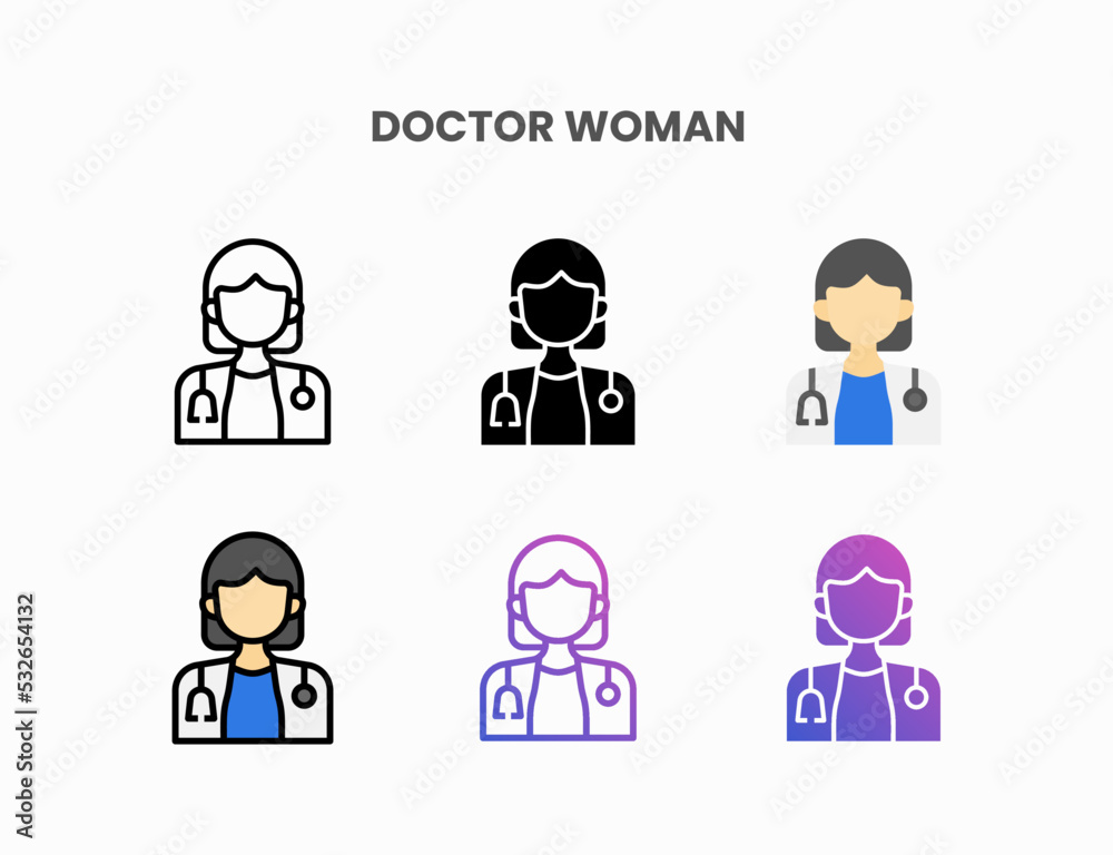 Doctor Woman icon set with line, outline, flat, filled, glyph, color, gradient. Can be used for digital product, presentation, print design and more. Doctor Woman icon set with line, outline, flat, filled, glyph, color, gradient. Can be used for digital product, presentation, print design and more.