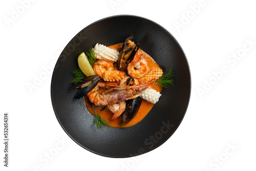 Salad with seafood in a plate. View from above. Transparent.