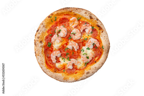 Homemade pizza with shrimp. View from above. Transparent.
