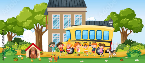 Children and school bus in outdoor background