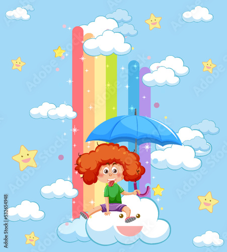 Happy kids in in the sky with rainbow