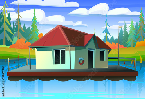 Floating house On bank of lake. Dwelling with small courtyard on water. illustration vector.