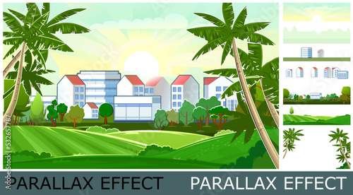 Village in suburbs. Cityscape with palms and sky. Image from layers for overlay with parallax effect. Cozy place of residence. Flat style. Landscape Vector.