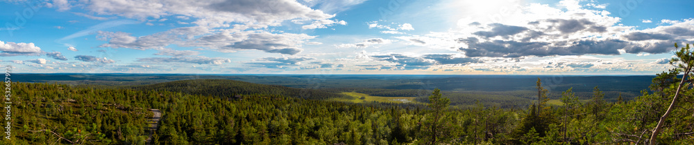 Landscape view from the top of Iso-Syöte hilltop with clouds and sky, Lapland, Finland