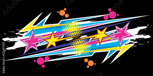 Racing background design with a pattern of stripes and stars, blotches with bright colors