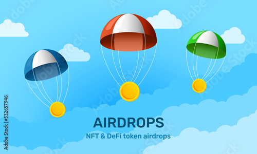 Airdrops NFT banners and DeFi tokens for marketing. New token on blue sky and cloud background.
