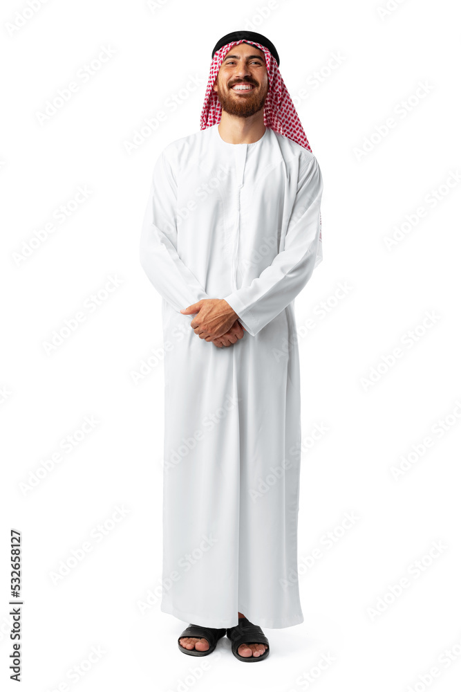 Smiling arab man while standing in a white studio