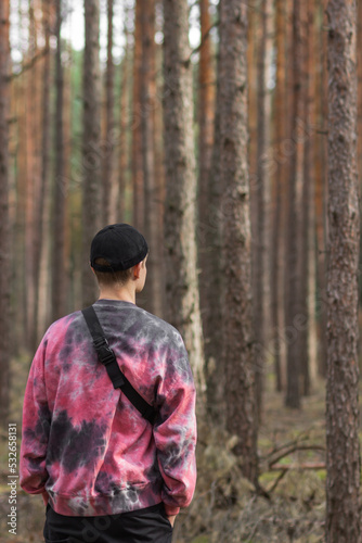 Alone young man in casual clothing and black hat with shoulder belt bag walking in a pine autumn forest. Rear view.