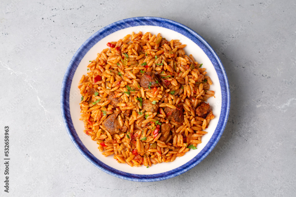 Local Turkish food; Lamb on barley noodle. Turkish name; Ankara Tava