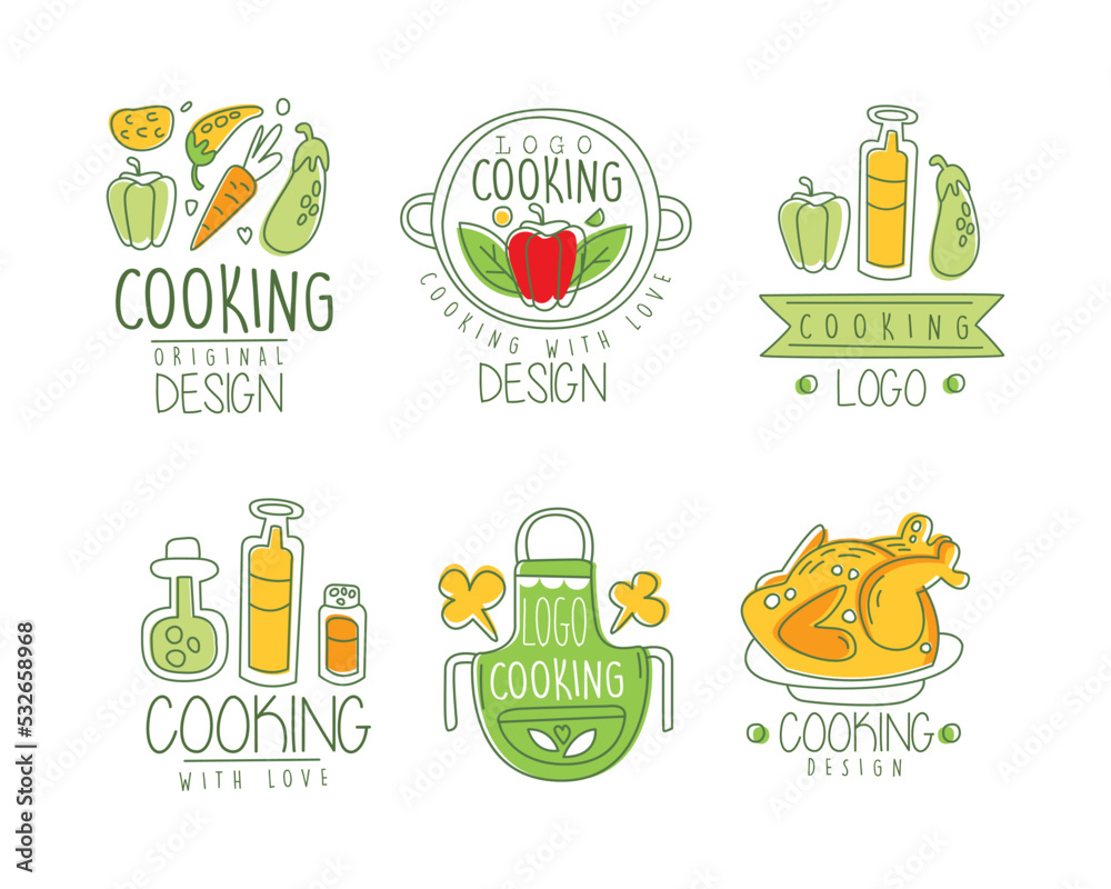 Cooking with love logo design set. Hand drawn badges, labels for culinary class, food festival, shop, cafe, food studio vector illustration