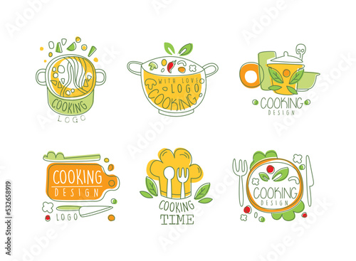 Cooking logo design set. Hand drawn badges  labels for culinary class  food festival  shop  cafe  food studio vector illustration