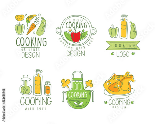 Cooking with love logo design set. Hand drawn badges  labels for culinary class  food festival  shop  cafe  food studio vector illustration