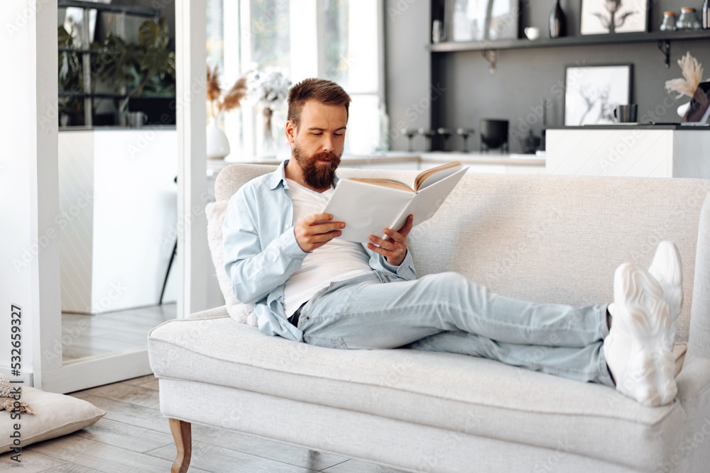 Young bearded handsome man reading book on couch at home Young bearded handsome man reading book on couch at home