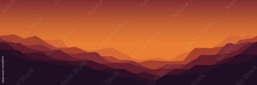 mountain sunset landscape flat design vector illustration good for wallpaper, background, backdrop, banner, web, travel, adventure, and design template