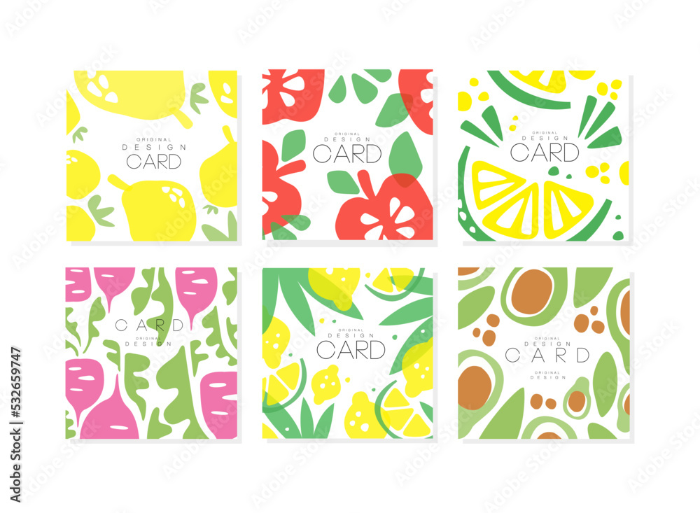 Abstract vegetable and fruit card design set. Banner, poster, cover, background with pear, apple, raddish, lime, avocado cartoon vector illustration