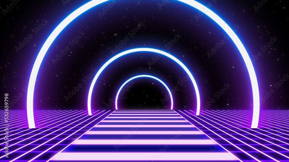 Retro style 90s video game background. Futuristic Grid landscape of the 80s. Digital Cyber Surface. Suitable for design in the style of the 1990s. 3D illustration