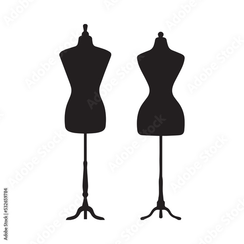 Vintage mannequin for female body. Manikin icon. Black empty torso dummy for woman and man  clothes, vector art image illustration, isolated on white background, silhouette design photo