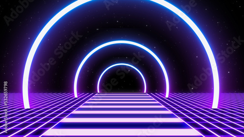 Obraz na płótnie Retro style 90s video game background. Futuristic Grid landscape of the 80s. Digital Cyber Surface. Suitable for design in the style of the 1990s. 3D illustration w salonie