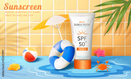 3D Summer sunscreen tube ad banner