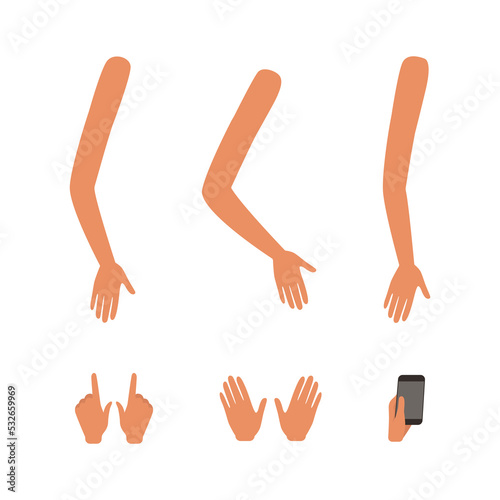 Human arms and palms set. Teenage body parts constructor for animation cartoon vector illustration