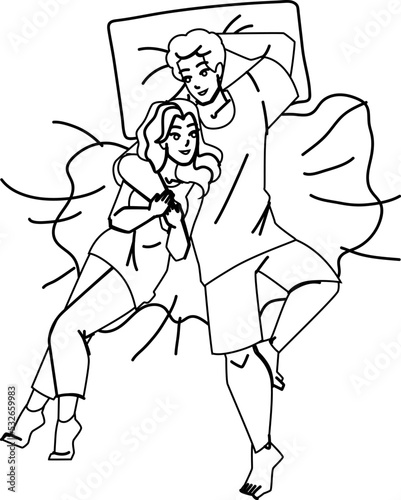 couple in bed line pencil drawing vector. bedroom love, happy man woman, young morning, romance couple in bed character. people Illustration