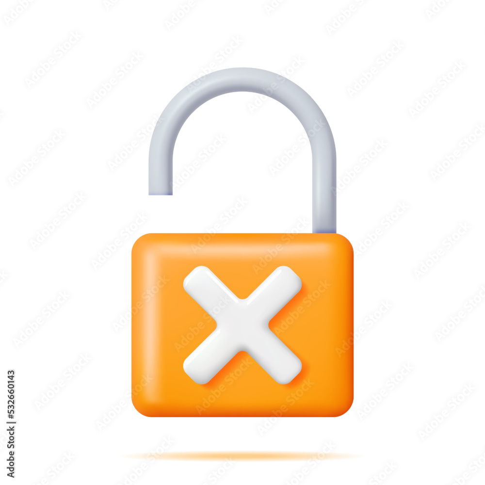3D Unlocked Padlock Isolated. Render Open Pad Lock with Cross Icon. Concept of Security, Protection and Confidentiality. Safety, Encryption and Privacy. Vector Illustration 3D Unlocked Padlock Isolated. Render Open Pad Lock with Cross Icon. Concept of Security, Protection and Confidentiality. Safety, Encryption and Privacy. Vector Illustration