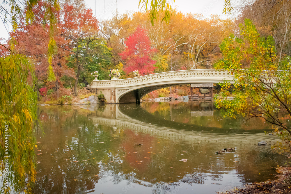 Bow Bridge and lake in Central Park, New York City at golden autumn, USA