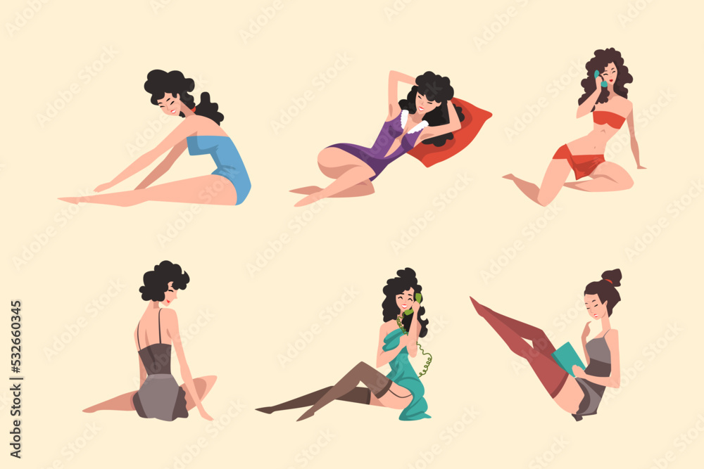 Obraz premium Beautiful pin up girls models wearing stylish clothes cartoon vector