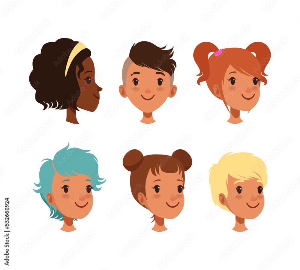 Cute girls and boys heads, view from different angles, creation constructor cartoon vector illustration Cute girls and boys heads, view from different angles, creation constructor cartoon vector illustration