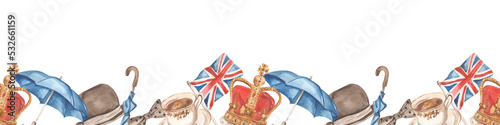 Watercolor seamless border with England flag, umbrella, queen crown, hat, cup of tea, umbrella, texture