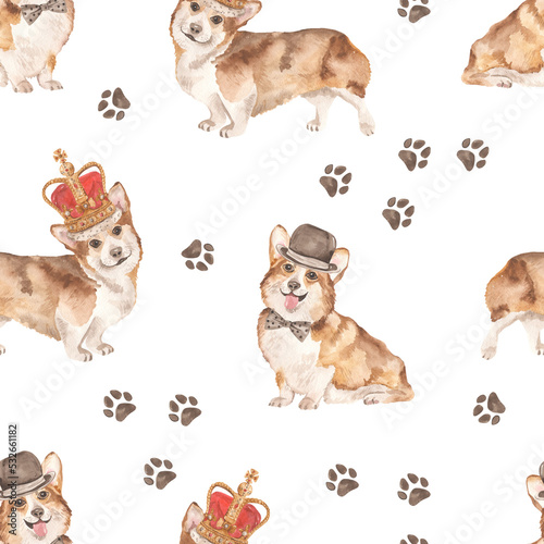 Watercolor seamless pattern with cute welsh corgi in a hat and crown with paw prints
