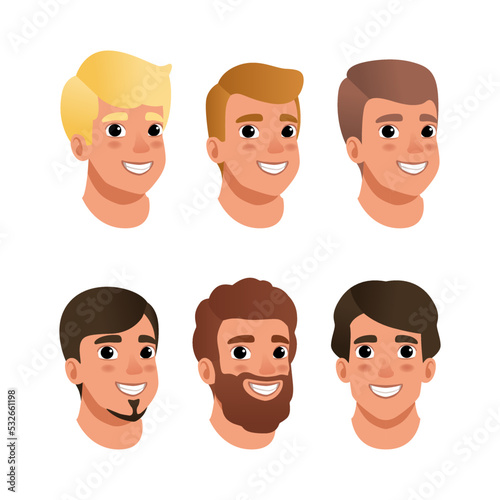 Cheerful male heads with different hair color and haircuts set, young men avatars cartoon vector illustration