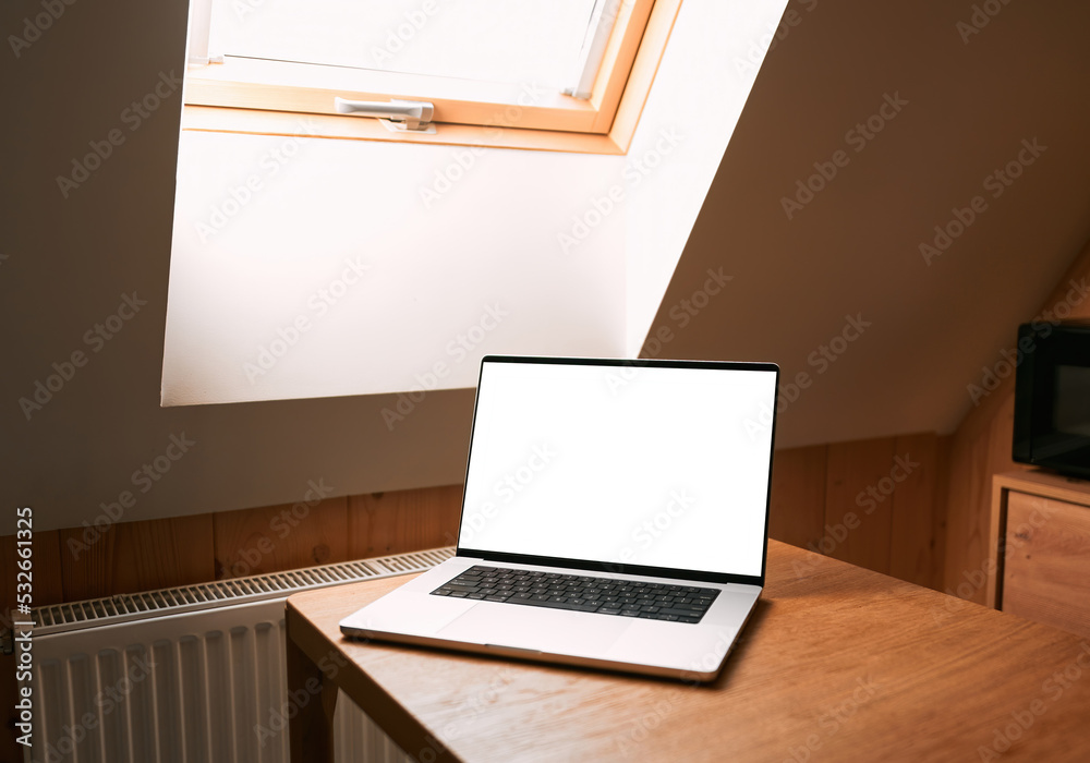 Top view of an open modern laptop blank screen or notebook isolated on table. free space for your copy, view from top. Top view of an open modern laptop blank screen or notebook isolated on table. free space for your copy, view from top.