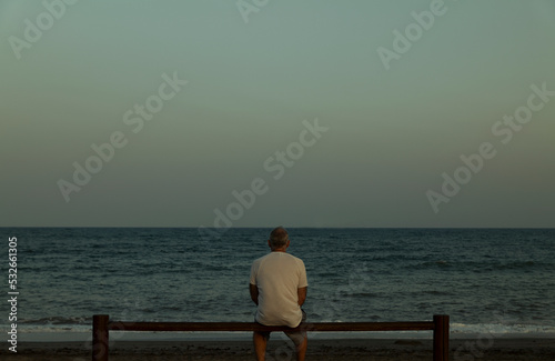 Adult man sitting on wooden fence looking at view of sea