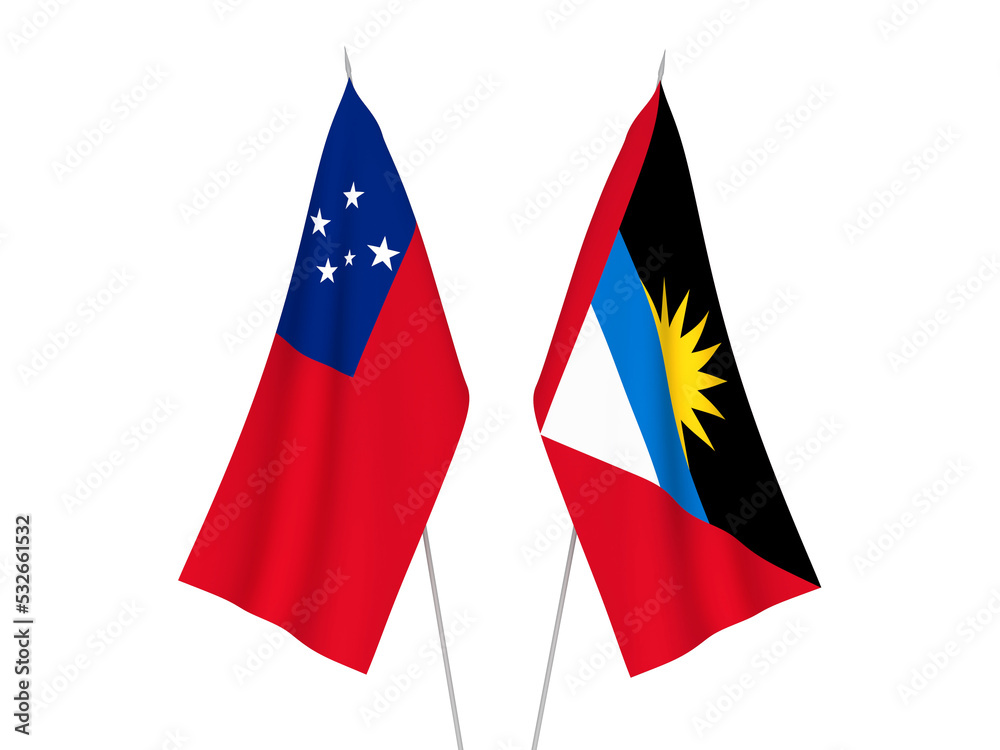 National fabric flags of Antigua and Barbuda and Independent State of Samoa isolated on white background. 3d rendering illustration.