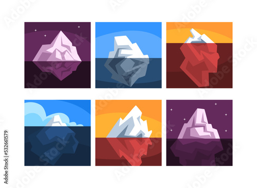 Iceberg floating in ocean set. Huge block of ice drifting in water with massive underwater part cartoon vector illustration